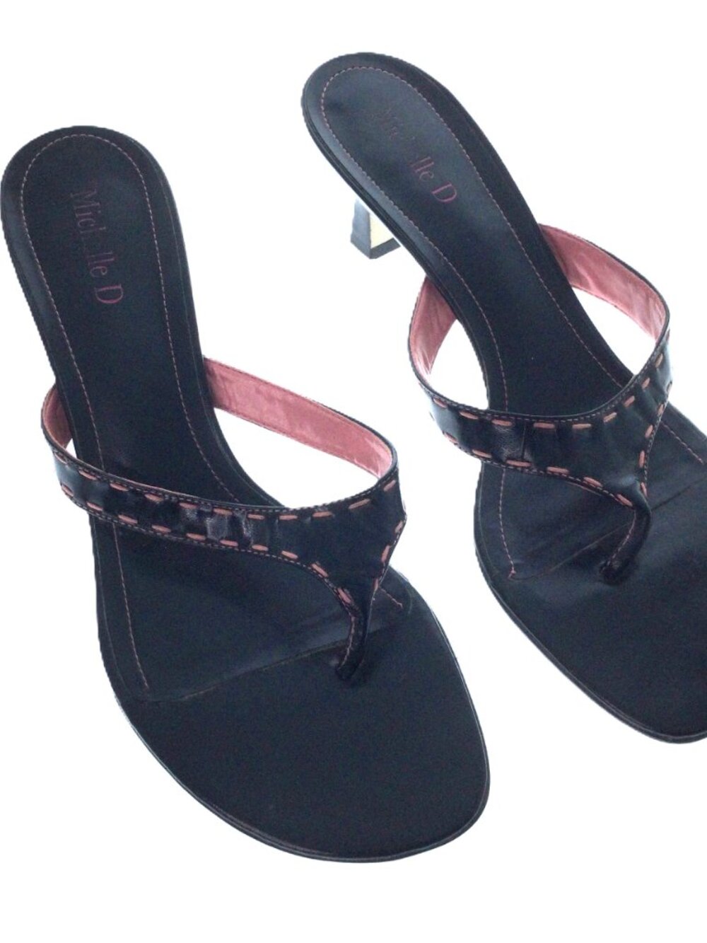Michelle D Black Kitten Heel Slip-on Sandals 2" Size 8 1/2 M Pink Stich